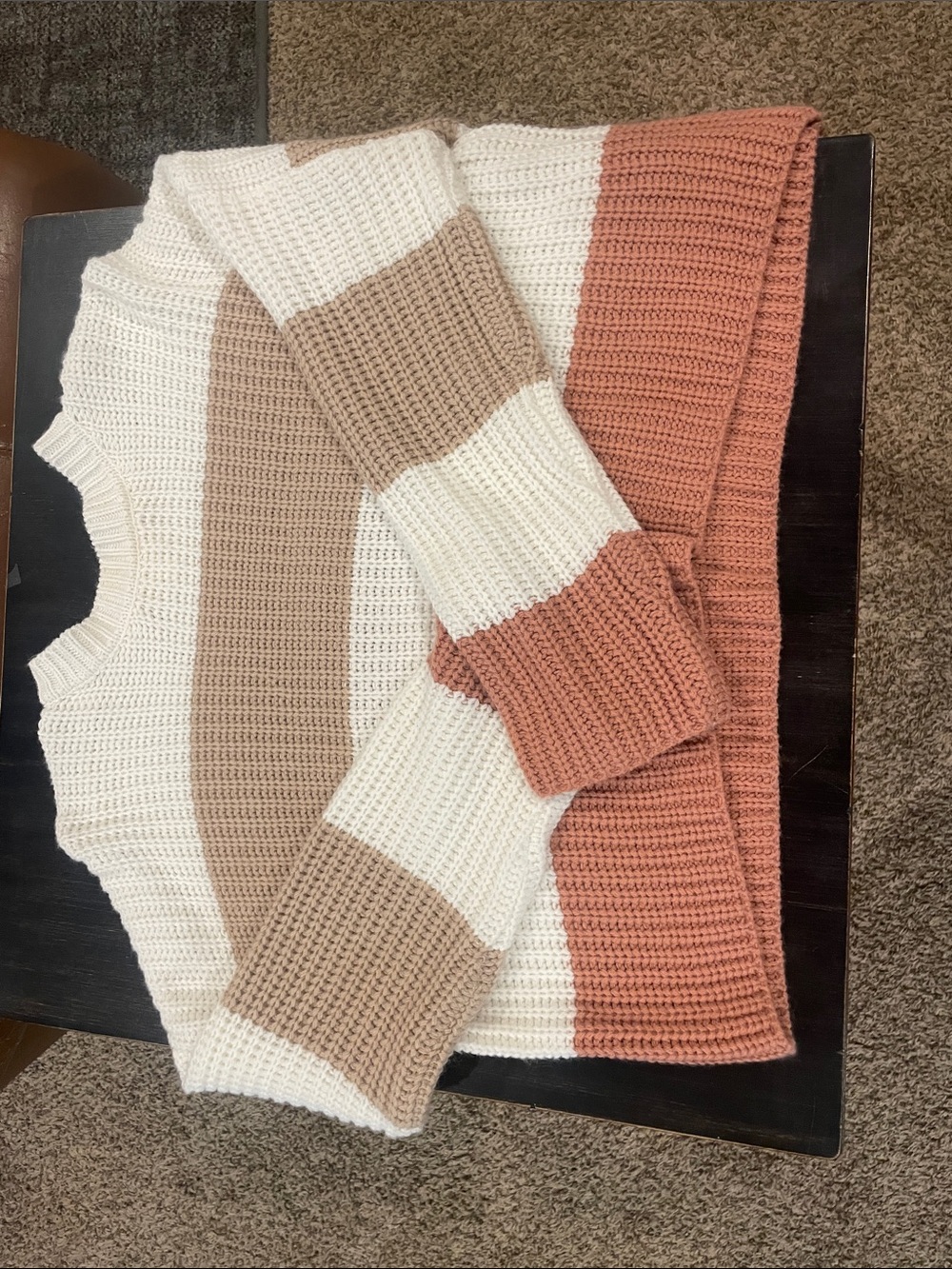 moon & madison Colorblock Ribbed Crew Sweater - Cream, Tan & Rust